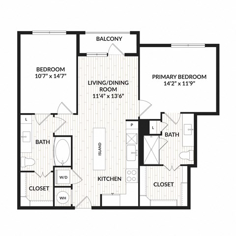 Floor plan for 2 beds, 2 baths, 1003 sqft
